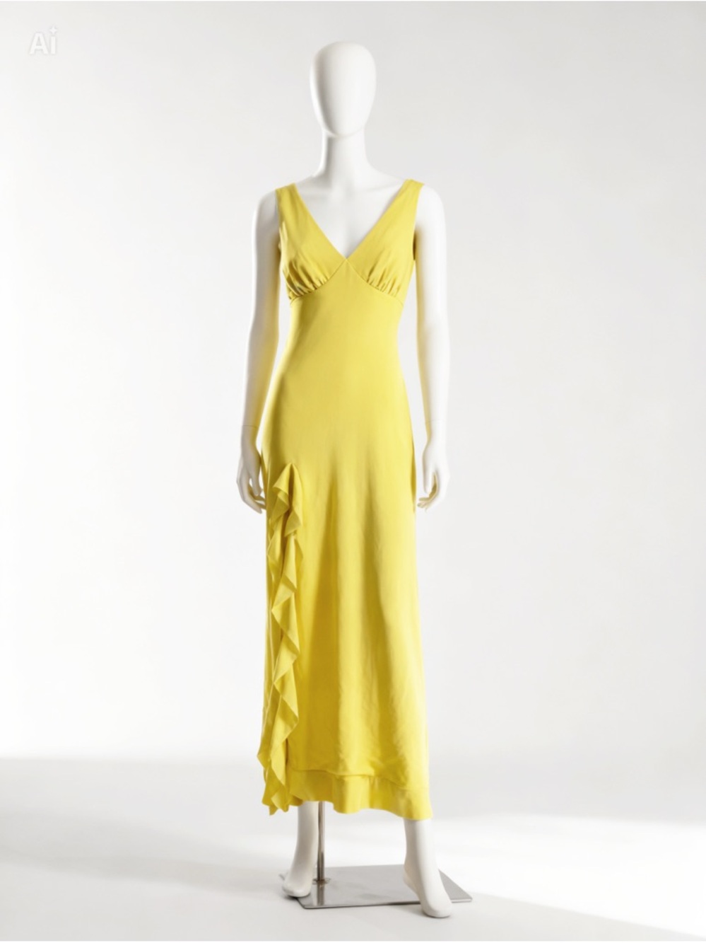Soft Lemon Yellow V-Neck Maxi Dress with Side Ruffle